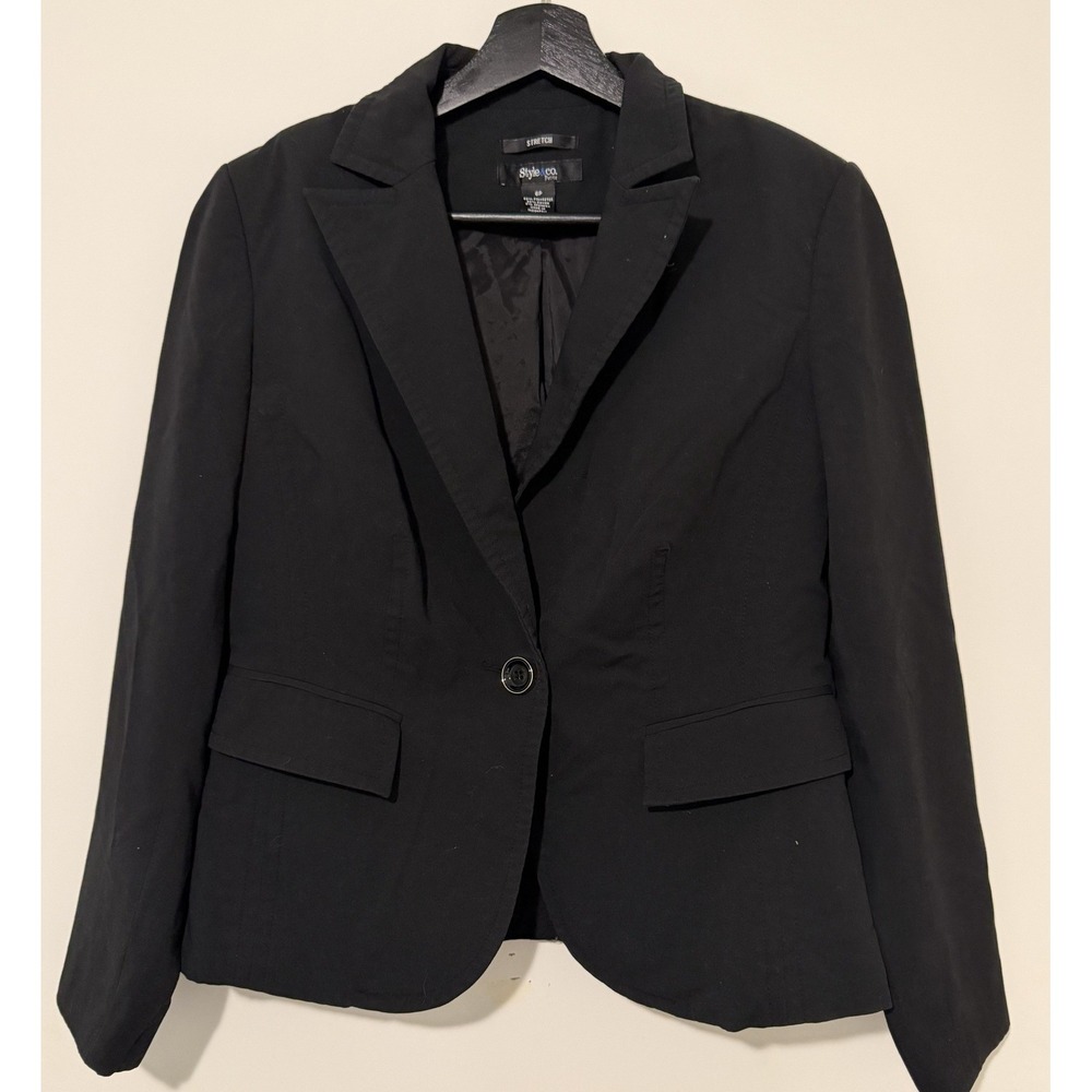 Style & Co Petite Black Stretch Single Button Blazer Jacket 6P Professional
